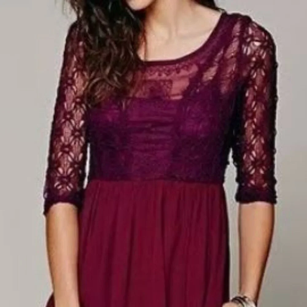 Free People Lonesome Dove Hi Lo Lace Dress in Plum Misses Size 0